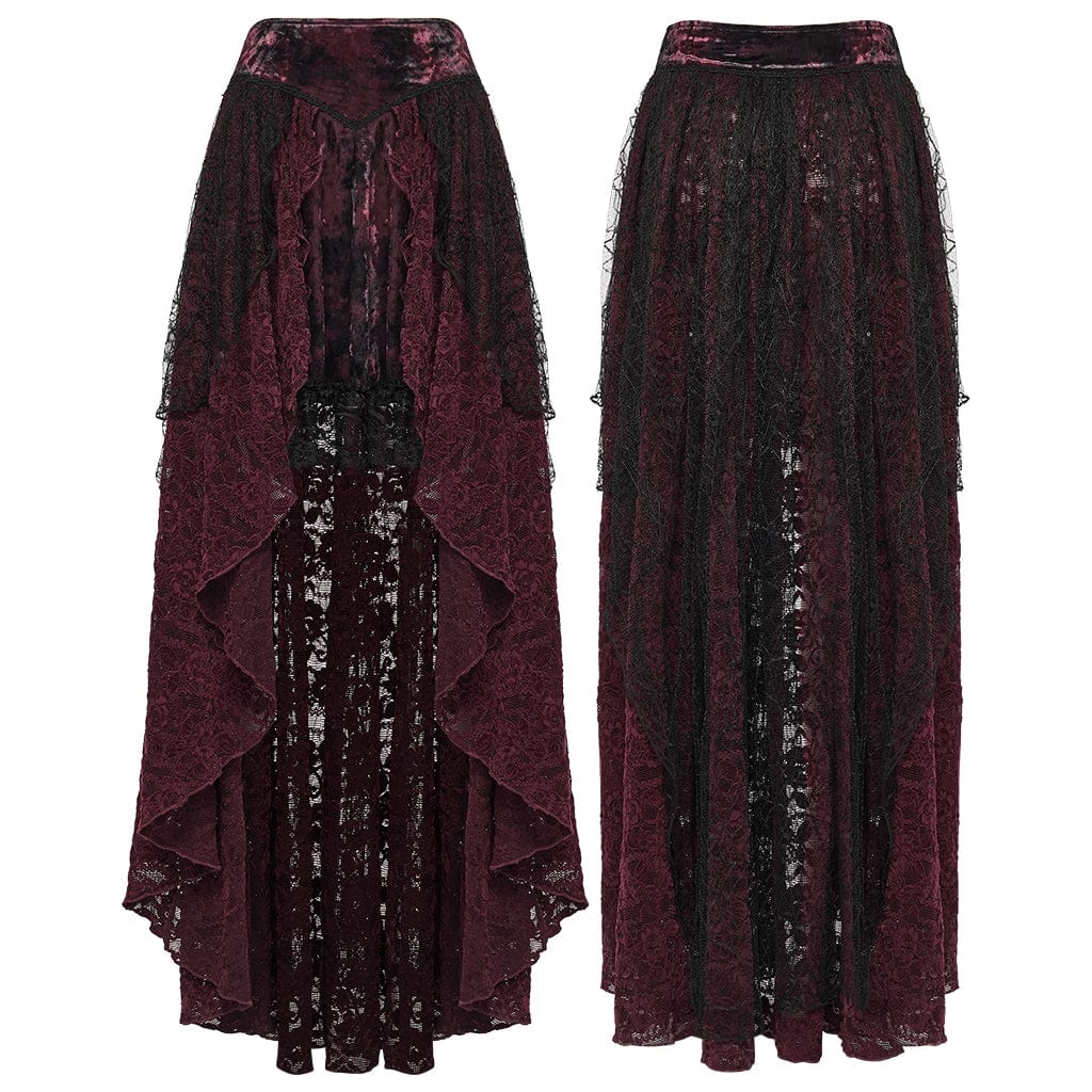 PUNK RAVE Women's Gothic High-low Hem Lace Skirt Red