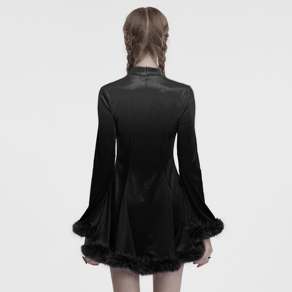 PUNK RAVE Women's Gothic High-Neck Fur Cuff Velvet Dress Black