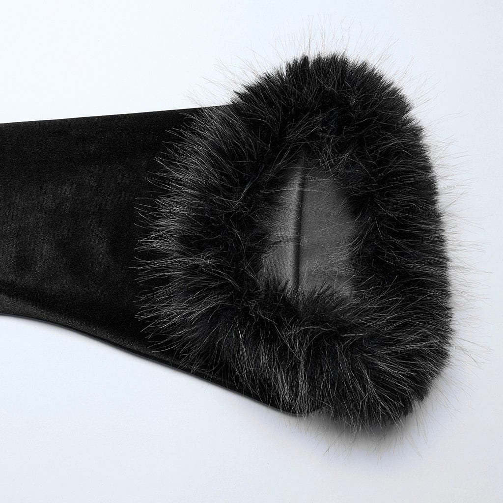 PUNK RAVE Women's Gothic High-Neck Fur Cuff Velvet Dress Black