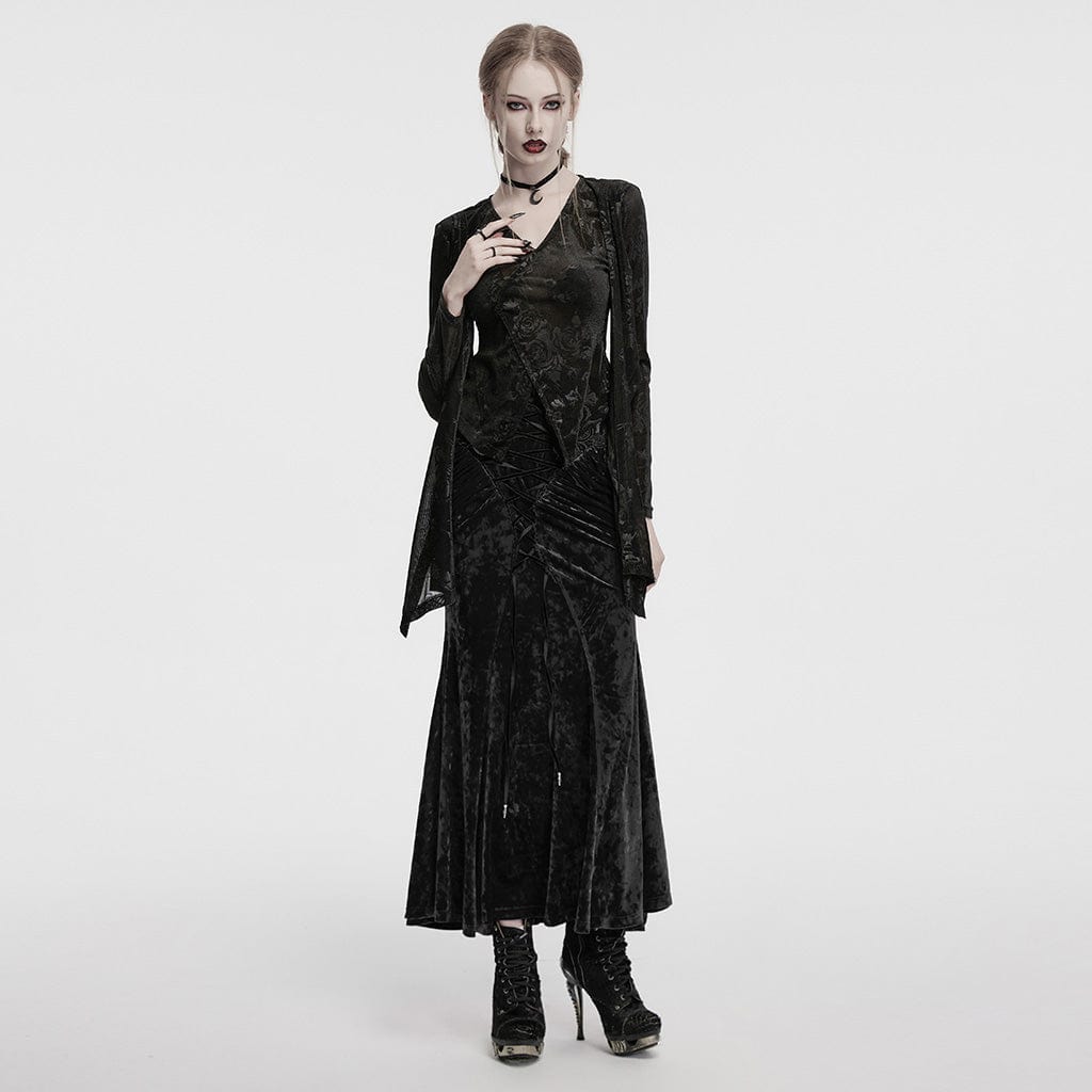 PUNK RAVE Women's Gothic High-waisted Lace-up Velvet Fishtailed Skirt Black
