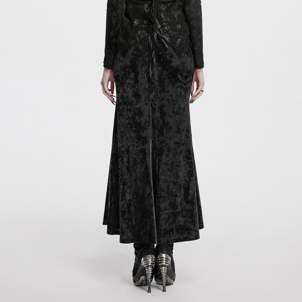 PUNK RAVE Women's Gothic High-waisted Lace-up Velvet Fishtailed Skirt Black