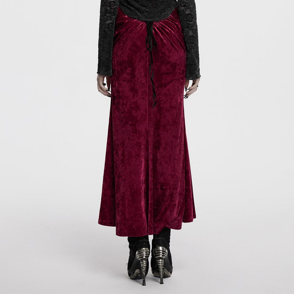 PUNK RAVE Women's Gothic High-waisted Lace-up Velvet Fishtailed Skirt Red