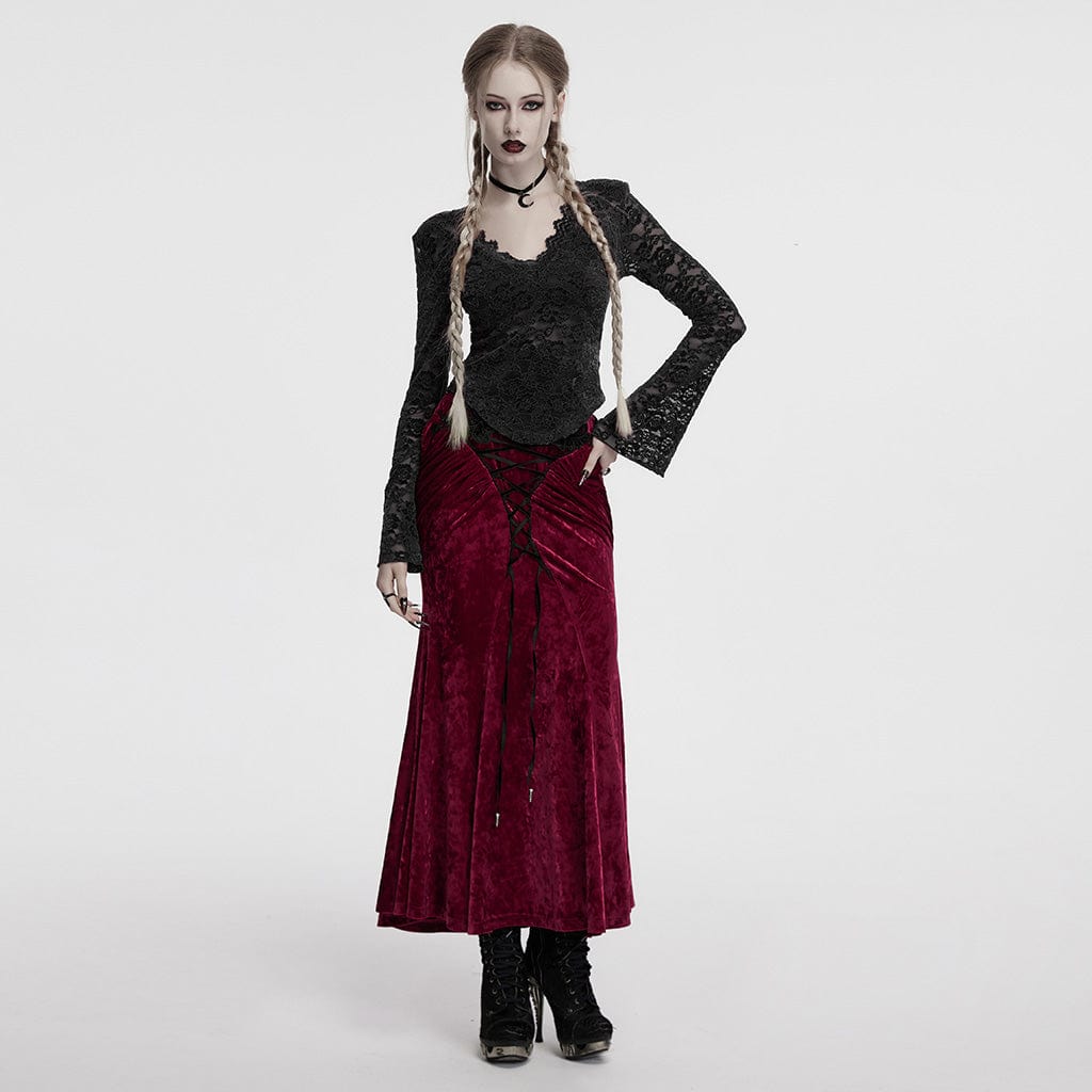 PUNK RAVE Women's Gothic High-waisted Lace-up Velvet Fishtailed Skirt Red
