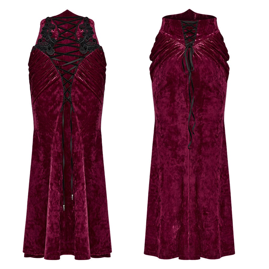 PUNK RAVE Women's Gothic High-waisted Lace-up Velvet Fishtailed Skirt Red