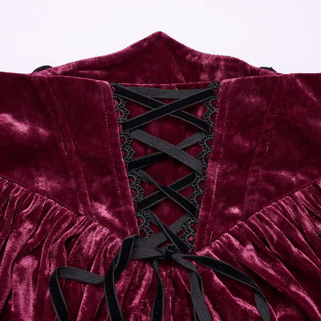 PUNK RAVE Women's Gothic High-waisted Lace-up Velvet Fishtailed Skirt Red