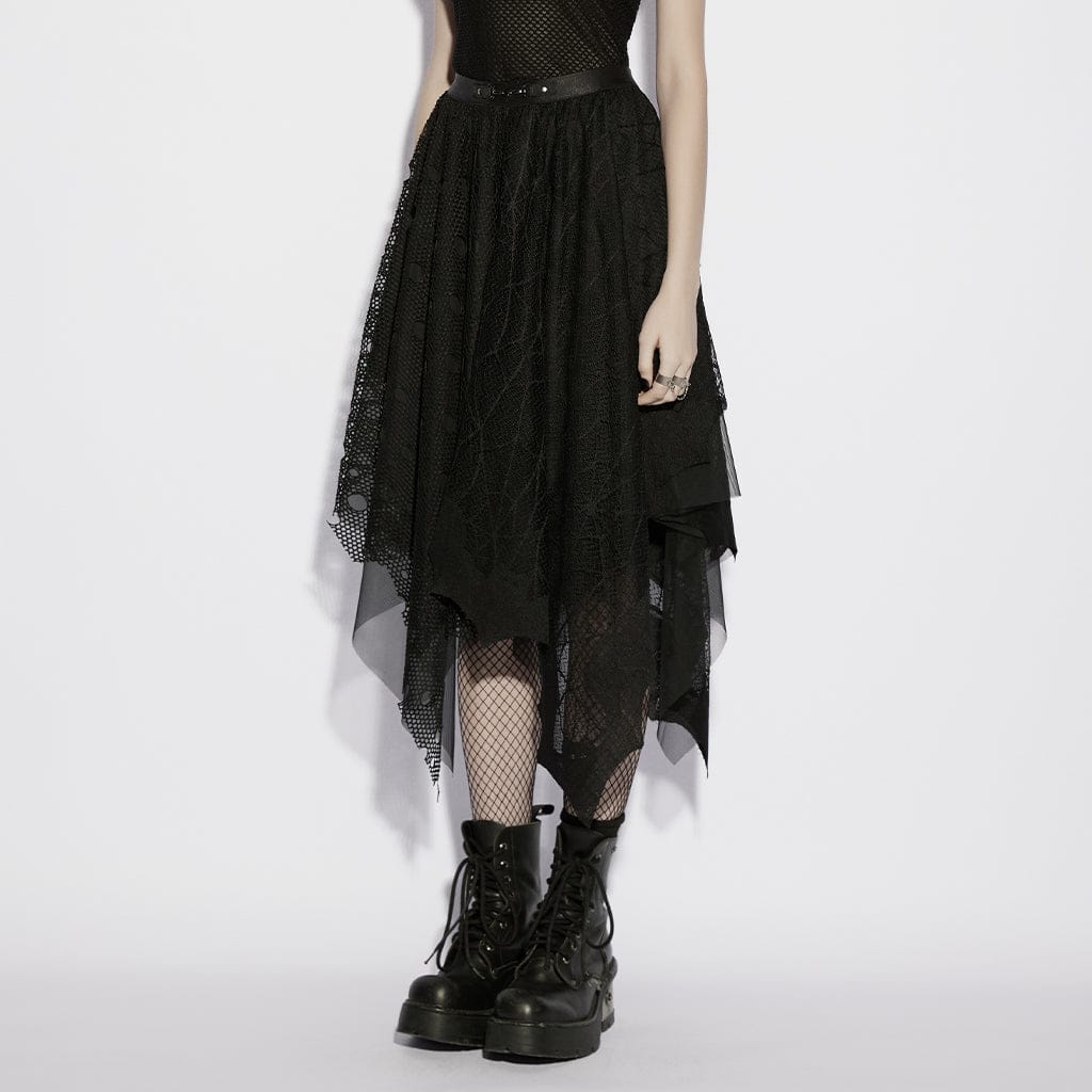 PUNK RAVE Women's Gothic Irregular Bat&Cobweb Mesh Skirt