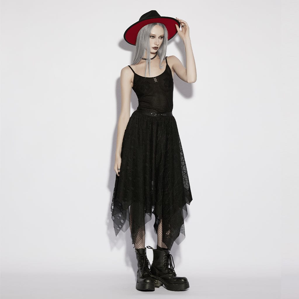 PUNK RAVE Women's Gothic Irregular Bat&Cobweb Mesh Skirt