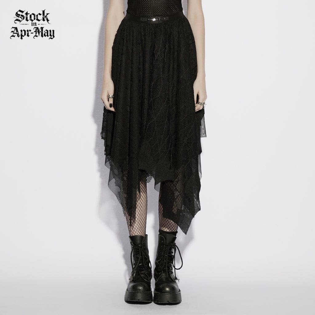 PUNK RAVE Women's Gothic Irregular Bat&Cobweb Mesh Skirt