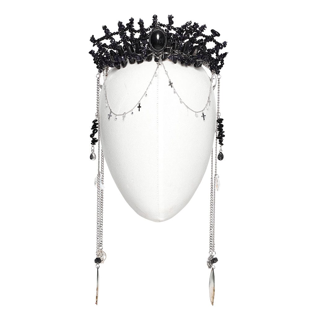 PUNK RAVE Women's Gothic Irregular Crystal Cross Headwear Black