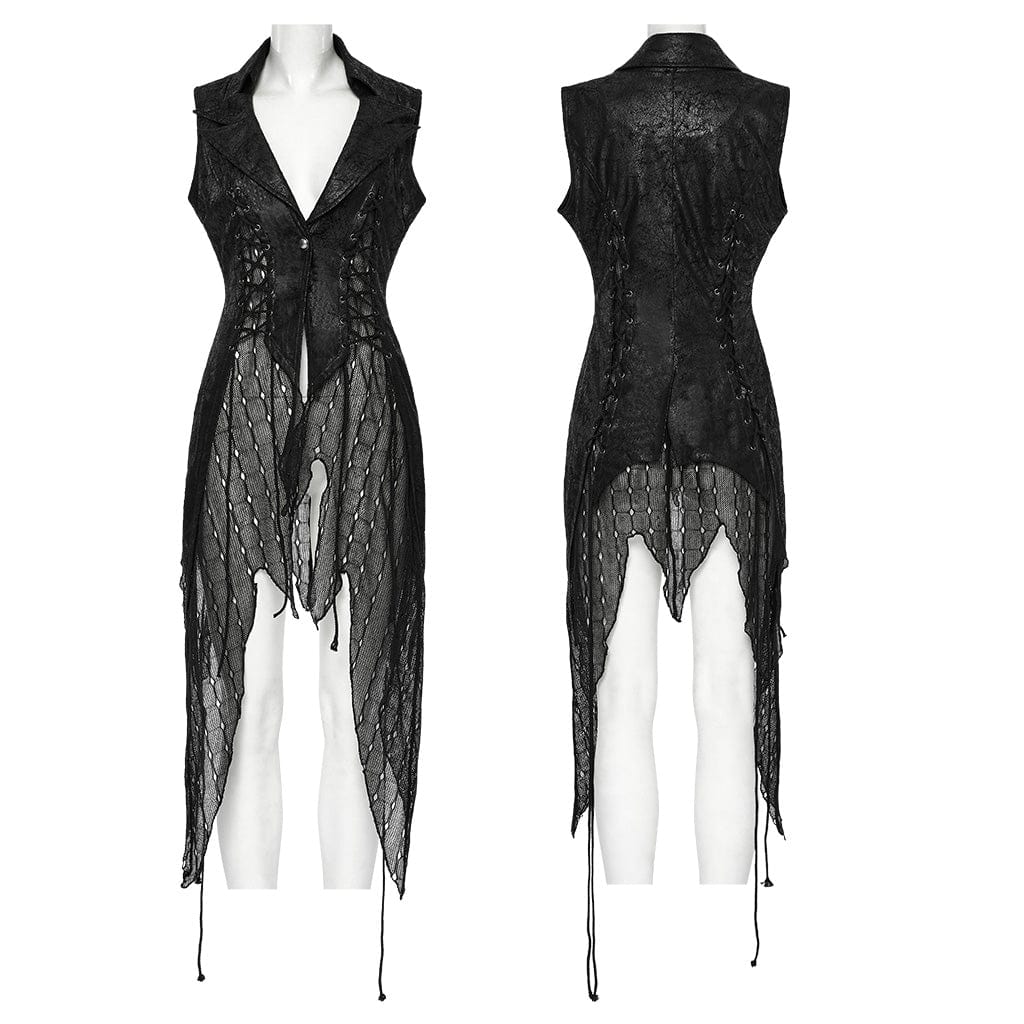 PUNK RAVE Women's Gothic Irregular Mesh Splice Lace-up Waistcoat