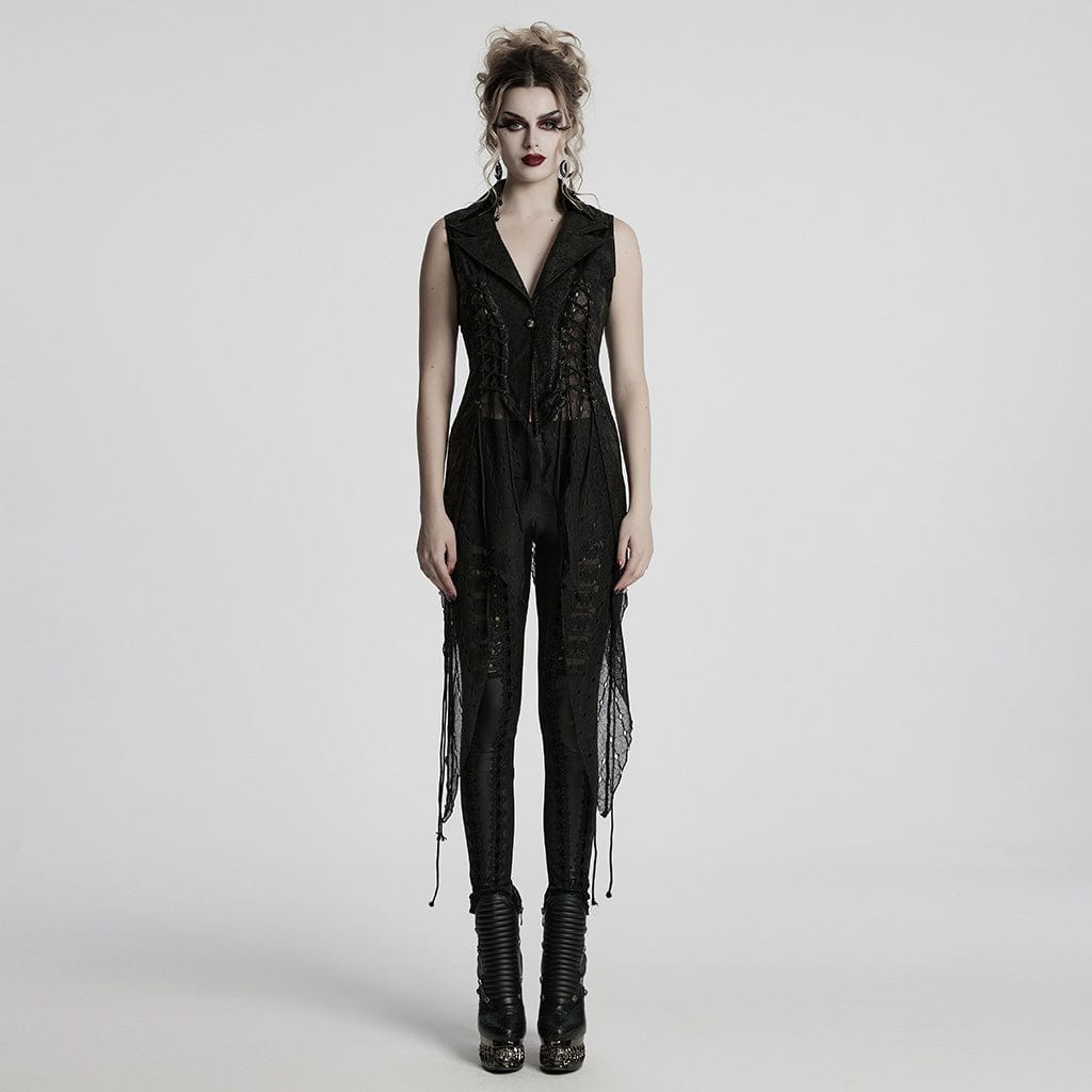 PUNK RAVE Women's Gothic Irregular Mesh Splice Lace-up Waistcoat