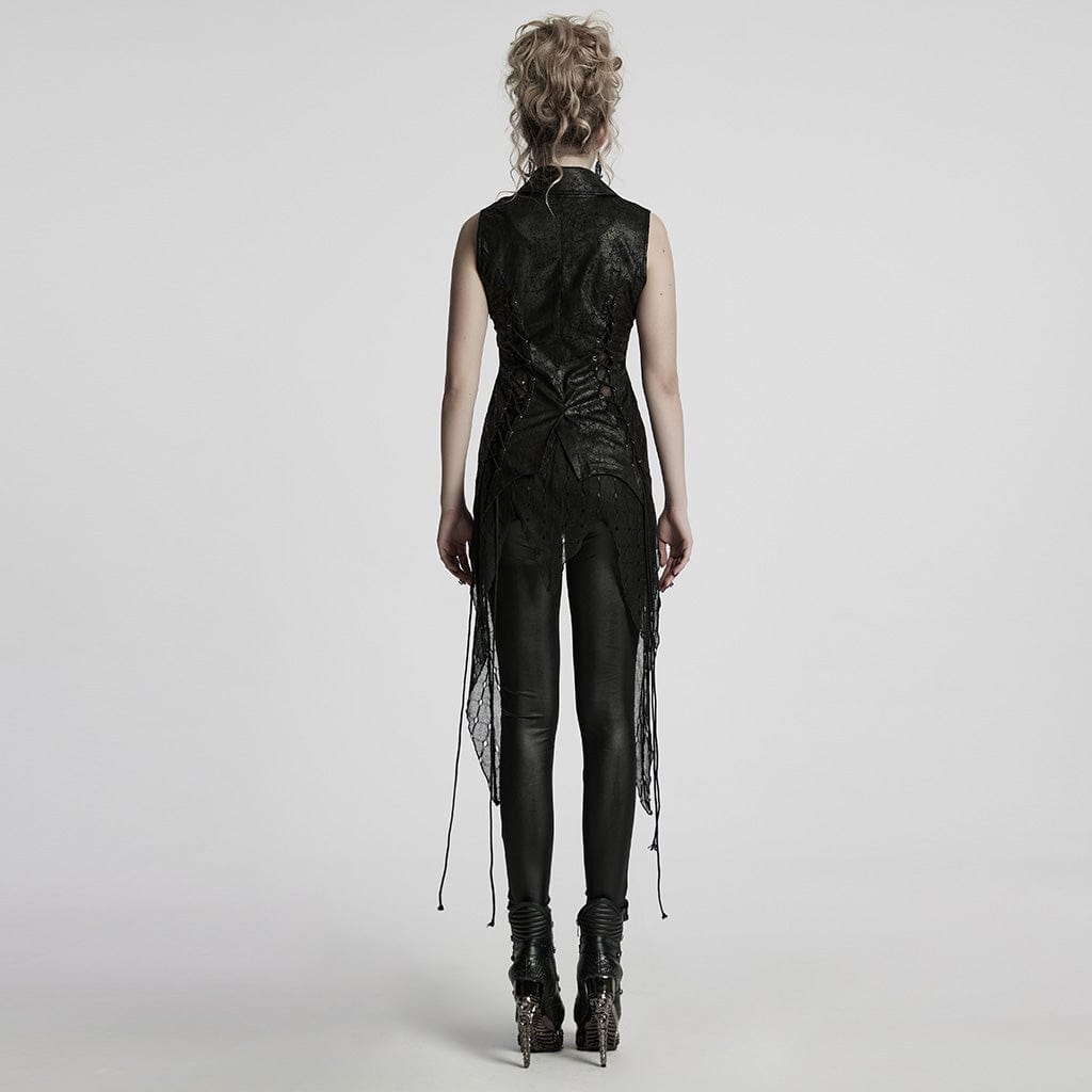 PUNK RAVE Women's Gothic Irregular Mesh Splice Lace-up Waistcoat