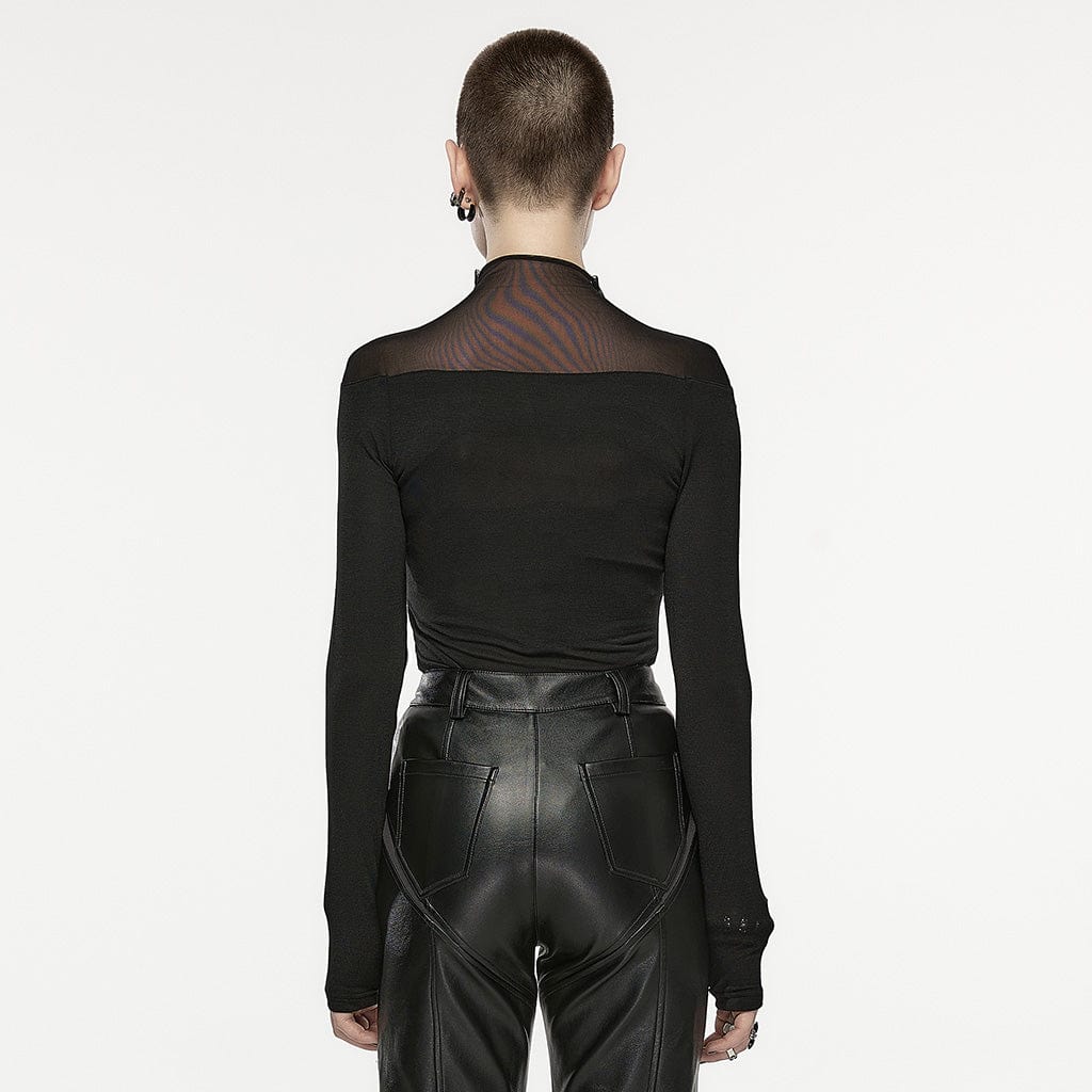 PUNK RAVE Women's Gothic Irregular Mesh Splice Shirt
