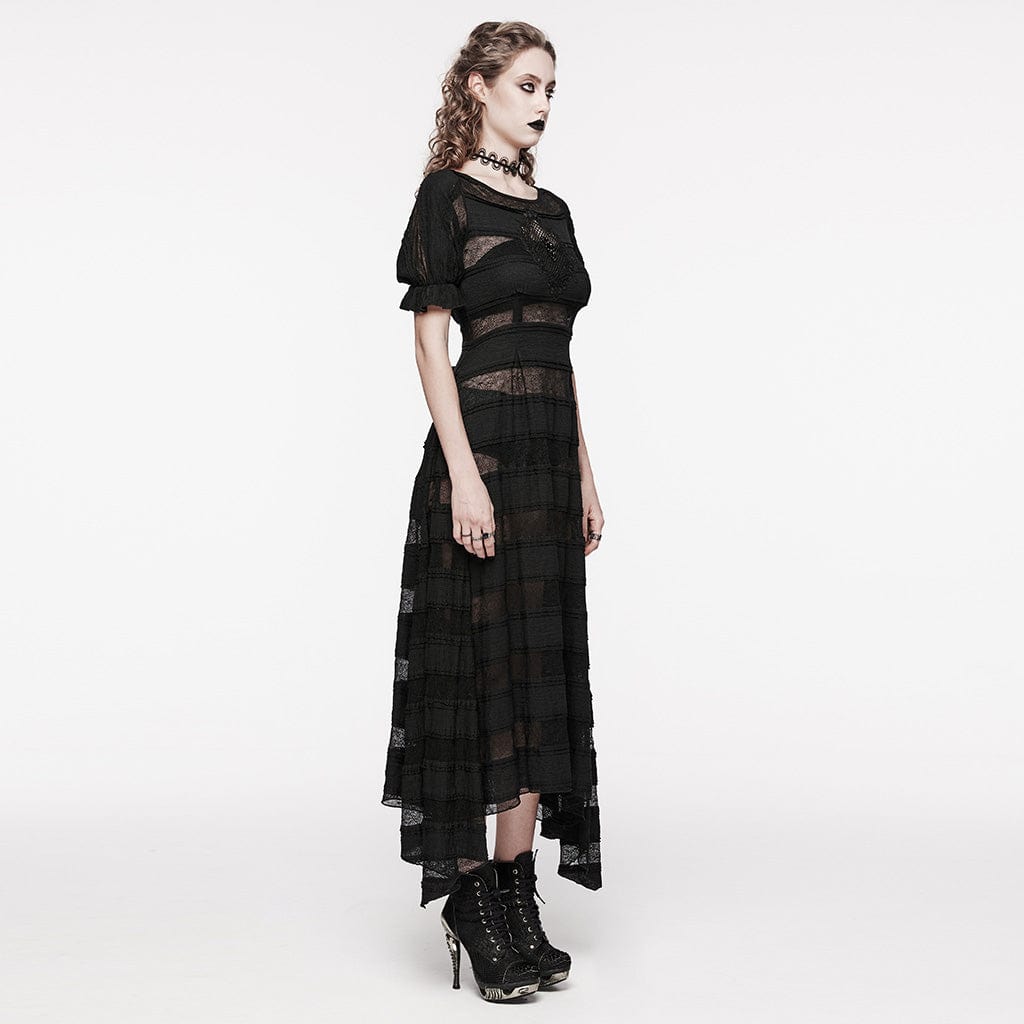 PUNK RAVE Women's Gothic Irregular Puff Sleeved Lace Dress