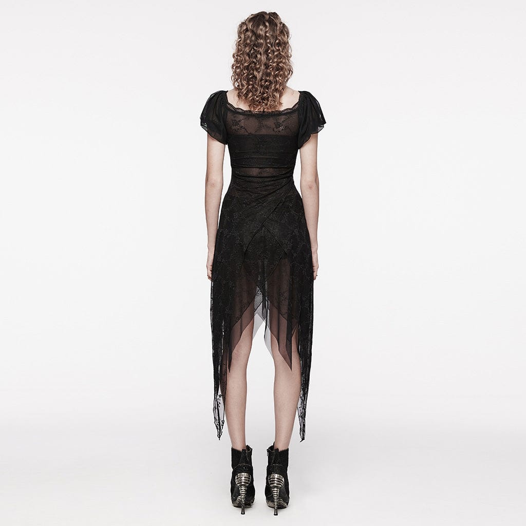 PUNK RAVE Women's Gothic Irregular Puff Sleeved Mesh Dress