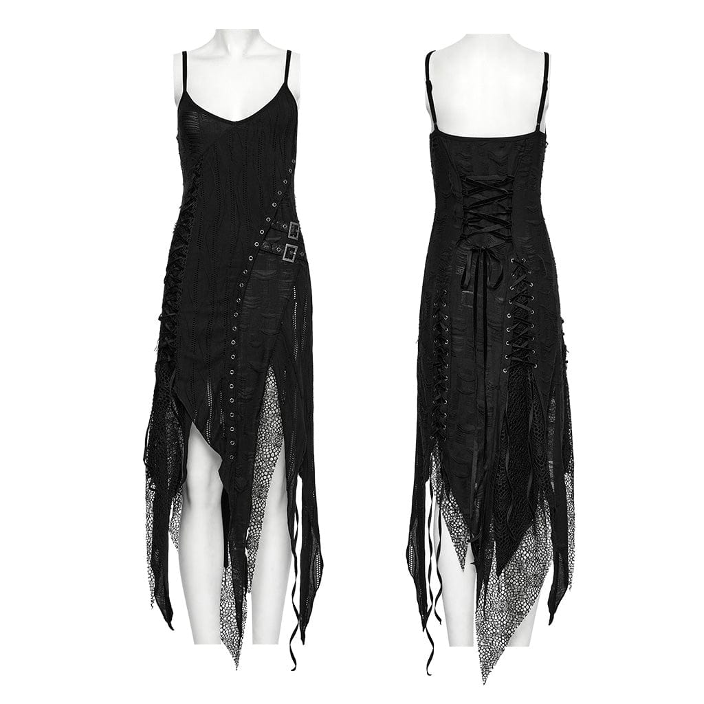 PUNK RAVE Women's Gothic Irregular Ripped Lace-up Party Slip Dress