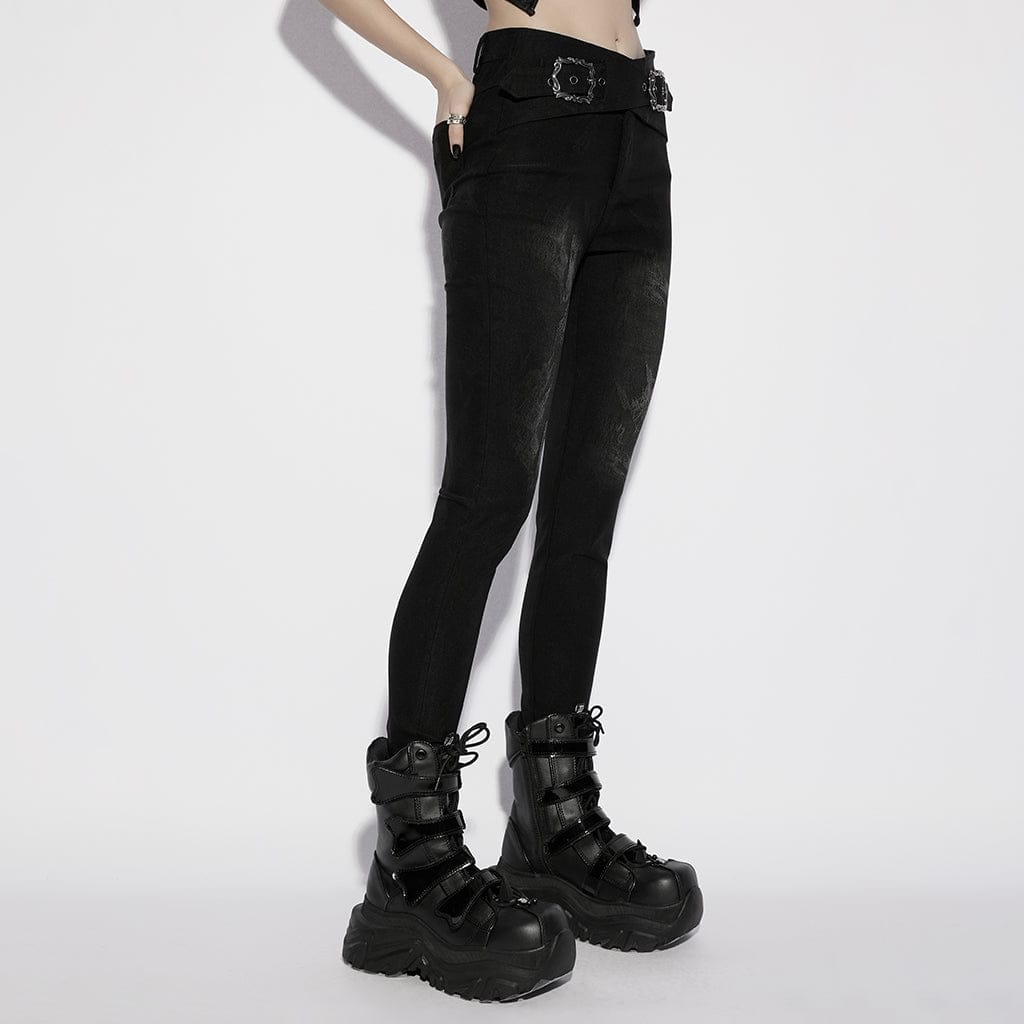 PUNK RAVE Women's Gothic Jacquard Buckle-up Pants