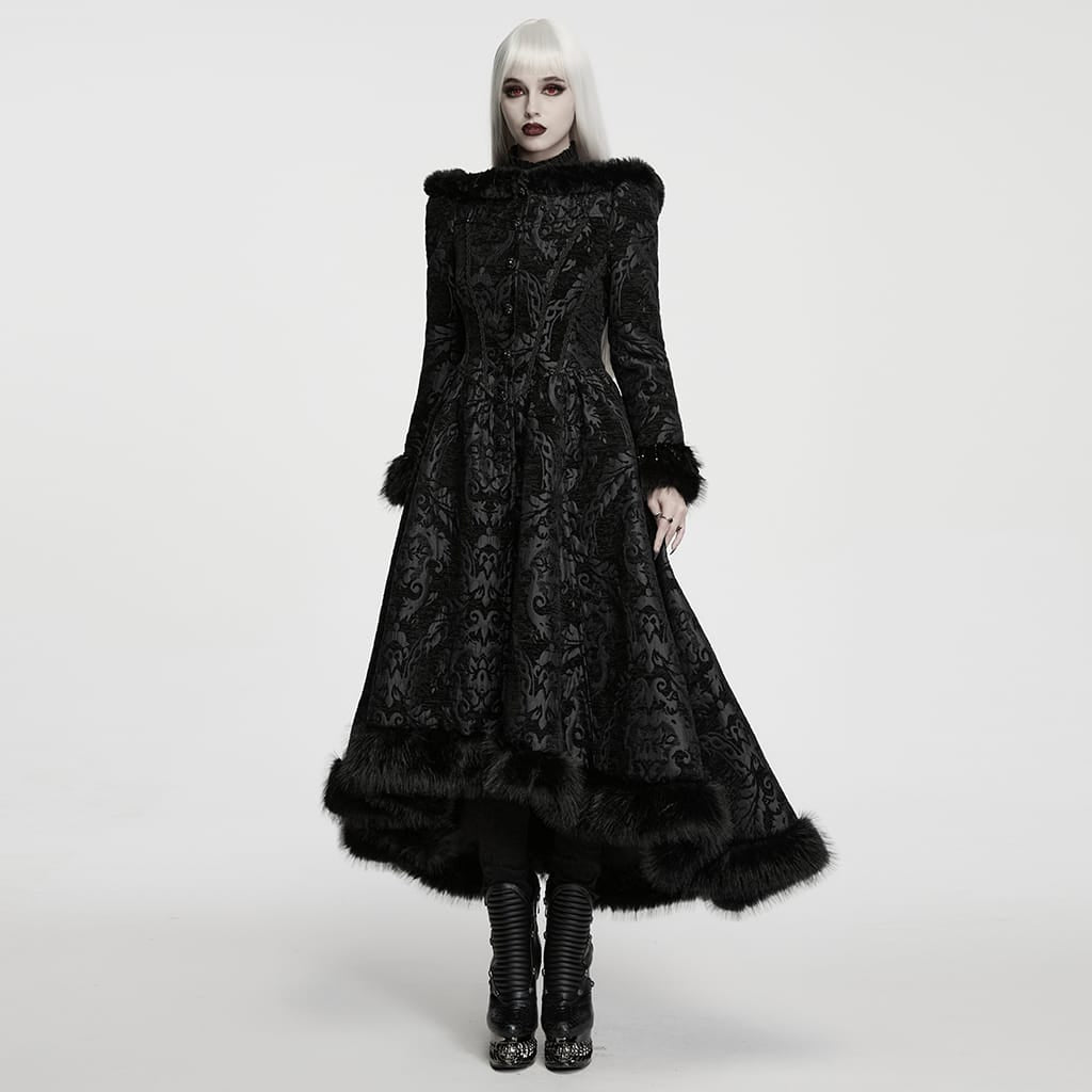 PUNK RAVE Women's Gothic Jacquard Lace-up Faux Fur Trim Long Jacket Black