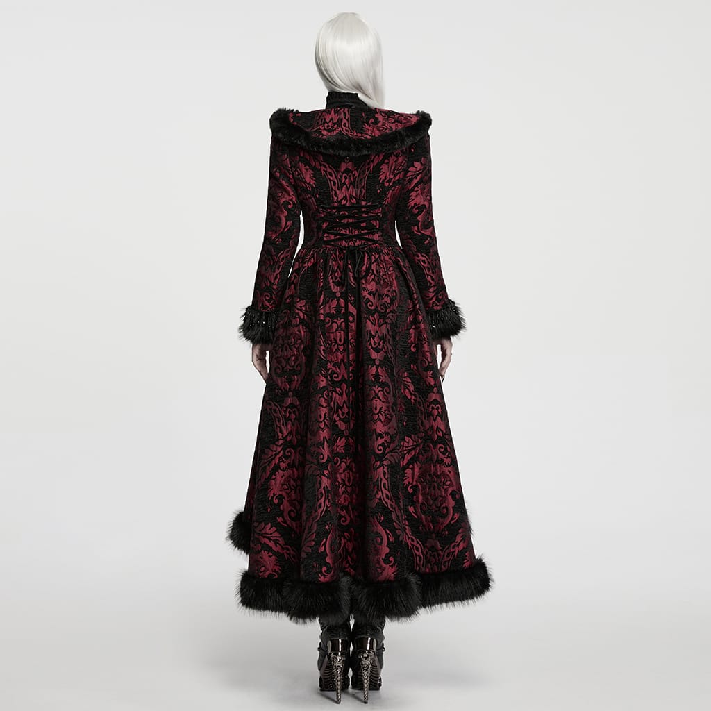 PUNK RAVE Women's Gothic Jacquard Lace-up Faux Fur Trim Long Jacket Red
