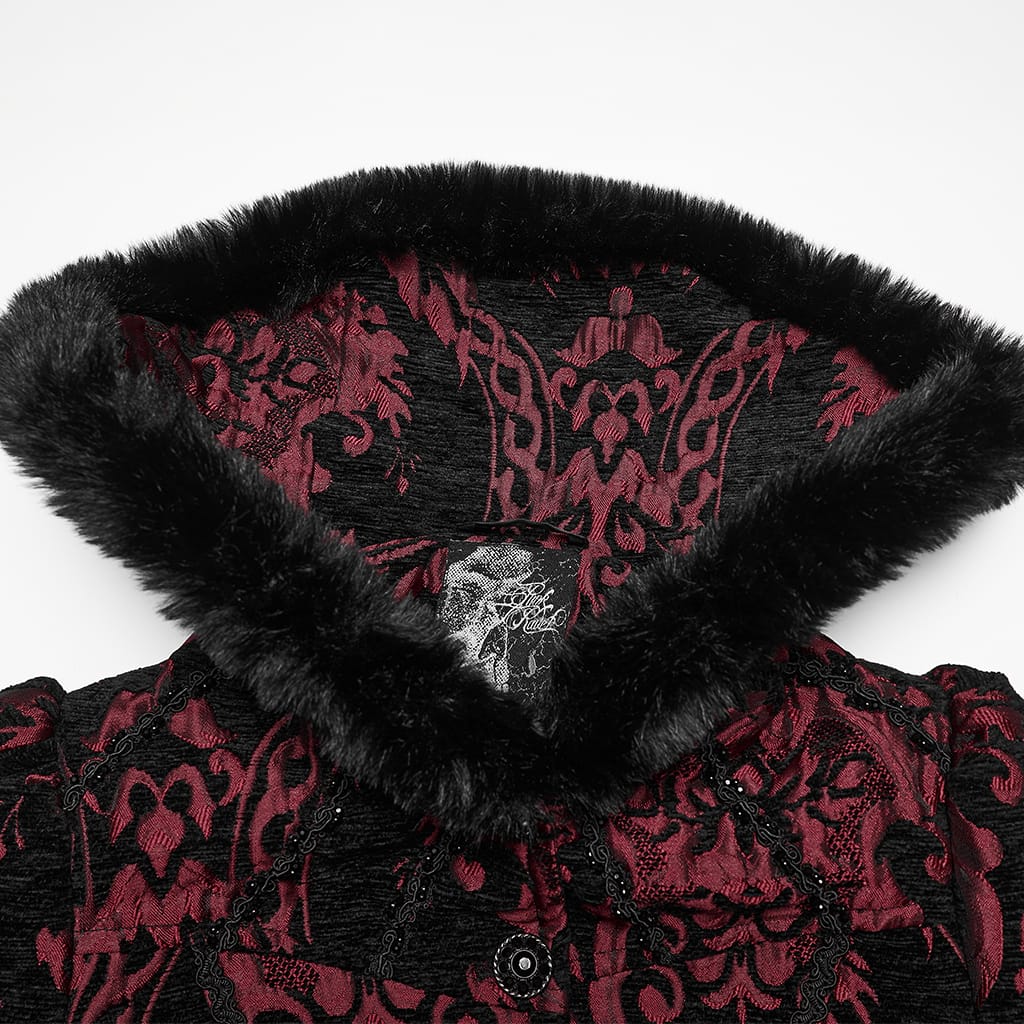 PUNK RAVE Women's Gothic Jacquard Lace-up Faux Fur Trim Long Jacket Red
