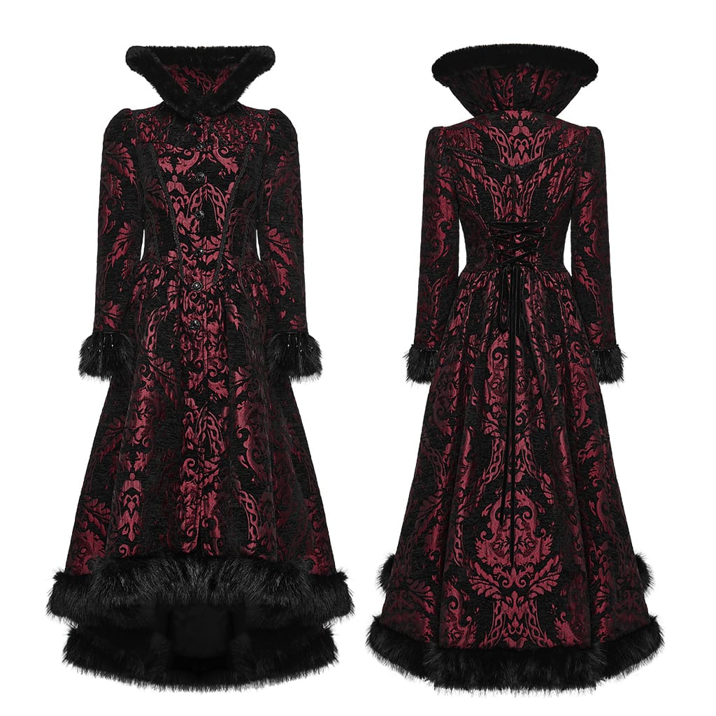 PUNK RAVE Women's Gothic Jacquard Lace-up Faux Fur Trim Long Jacket Red