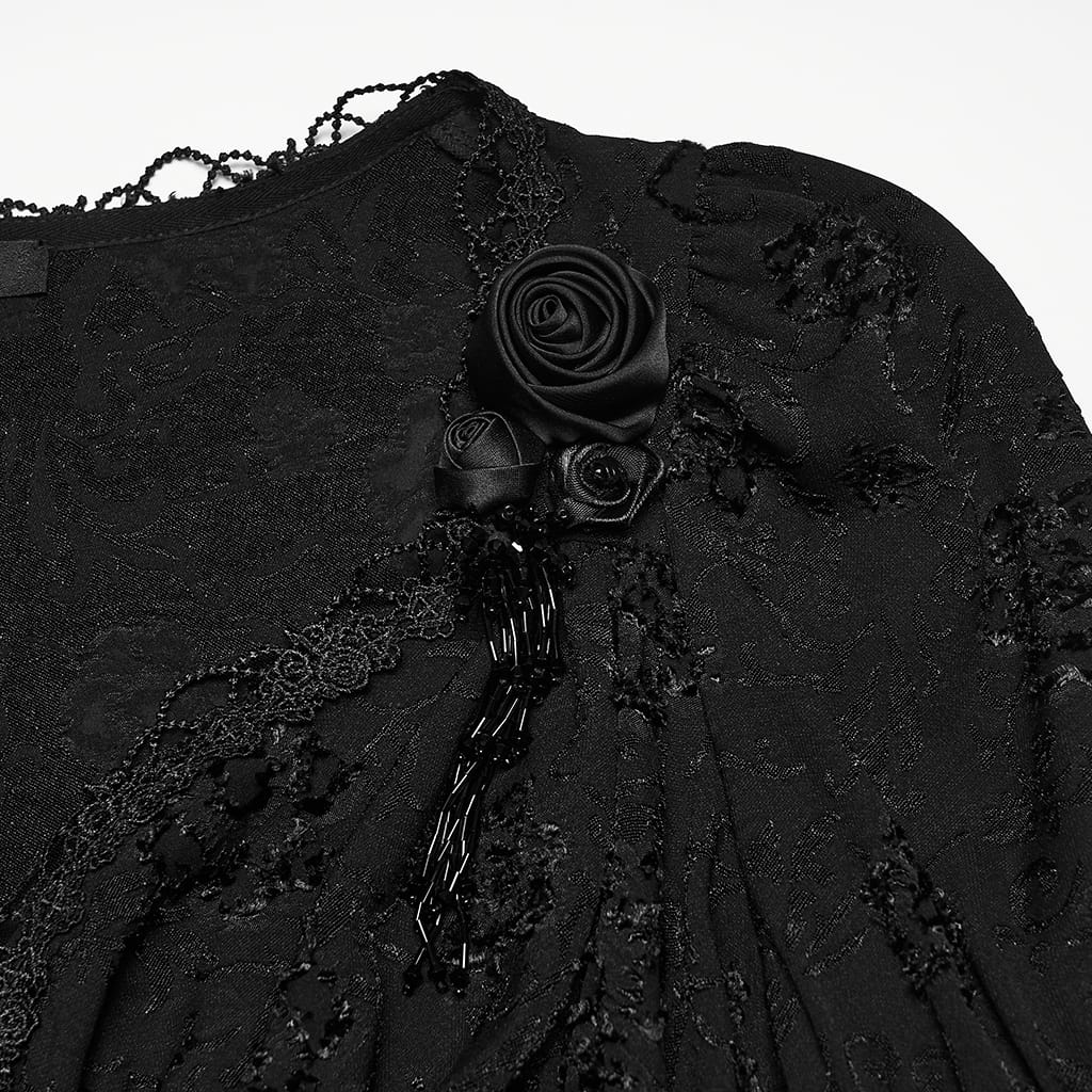 PUNK RAVE Women's Gothic Jacquard Plunging V-Neck Puff Flare Sleeve Shirt