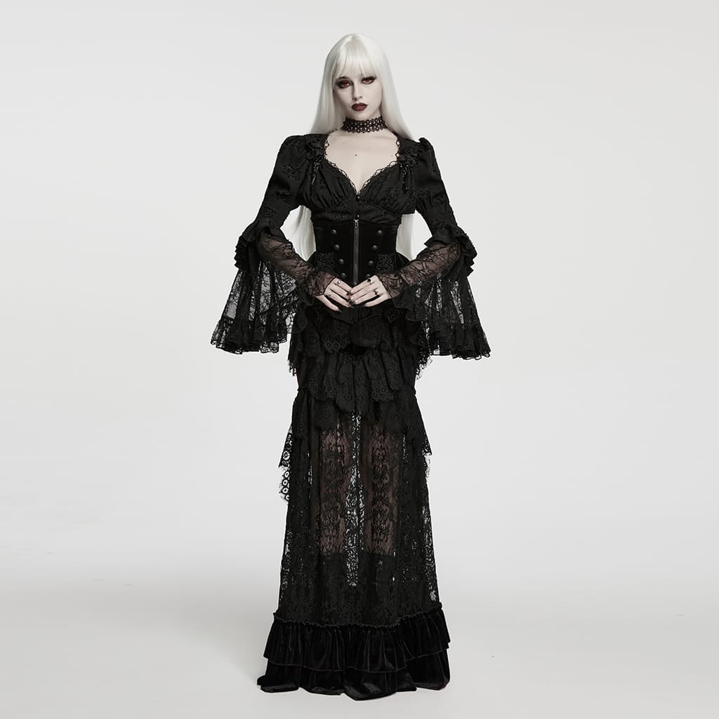 PUNK RAVE Women's Gothic Jacquard Plunging V-Neck Puff Flare Sleeve Shirt