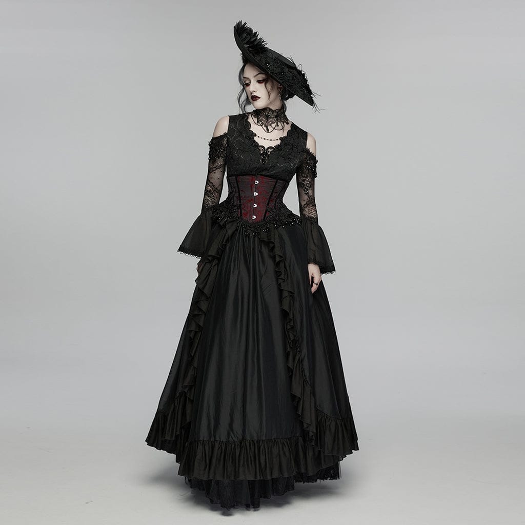 PUNK RAVE Women's Gothic Jacquard Tassels Underbust Corset Black-Red