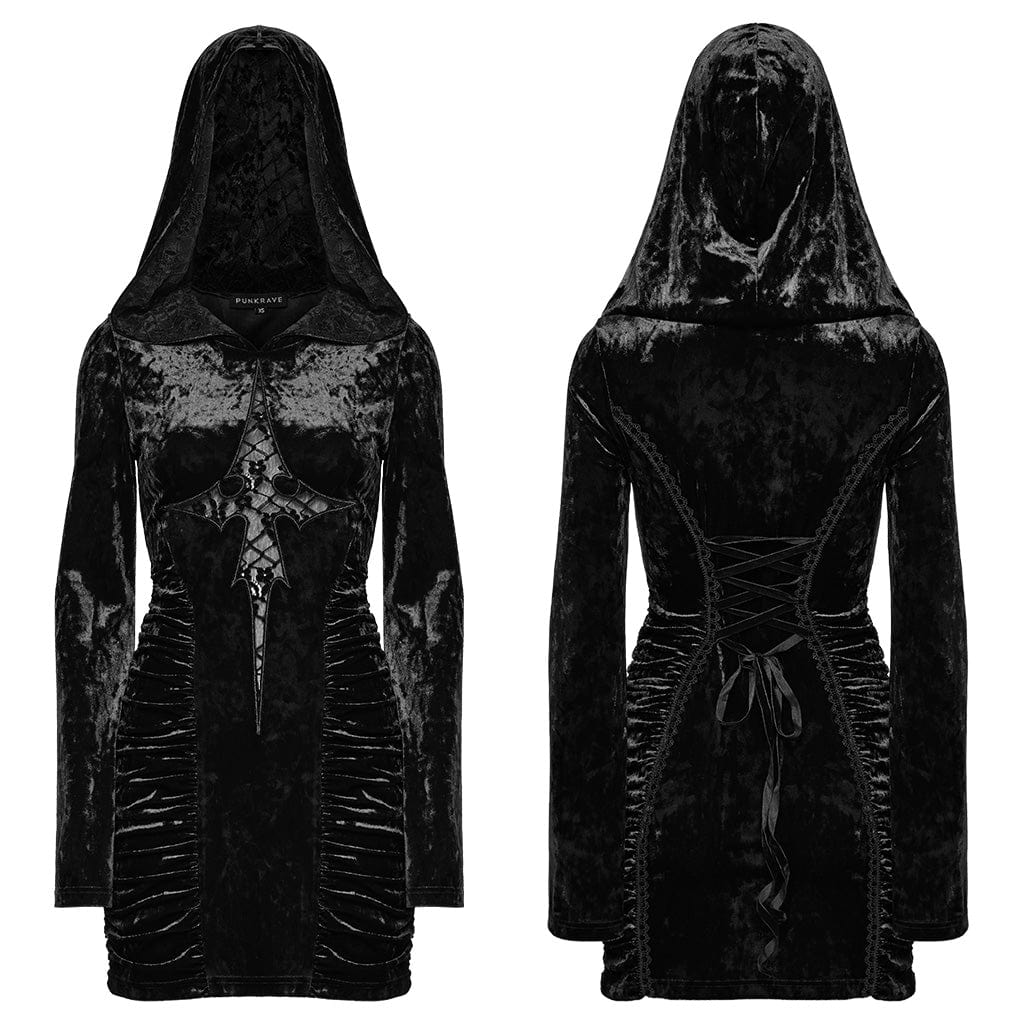 PUNK RAVE Women's Gothic Lace Cross Splice Velvet Hooded Dress Black