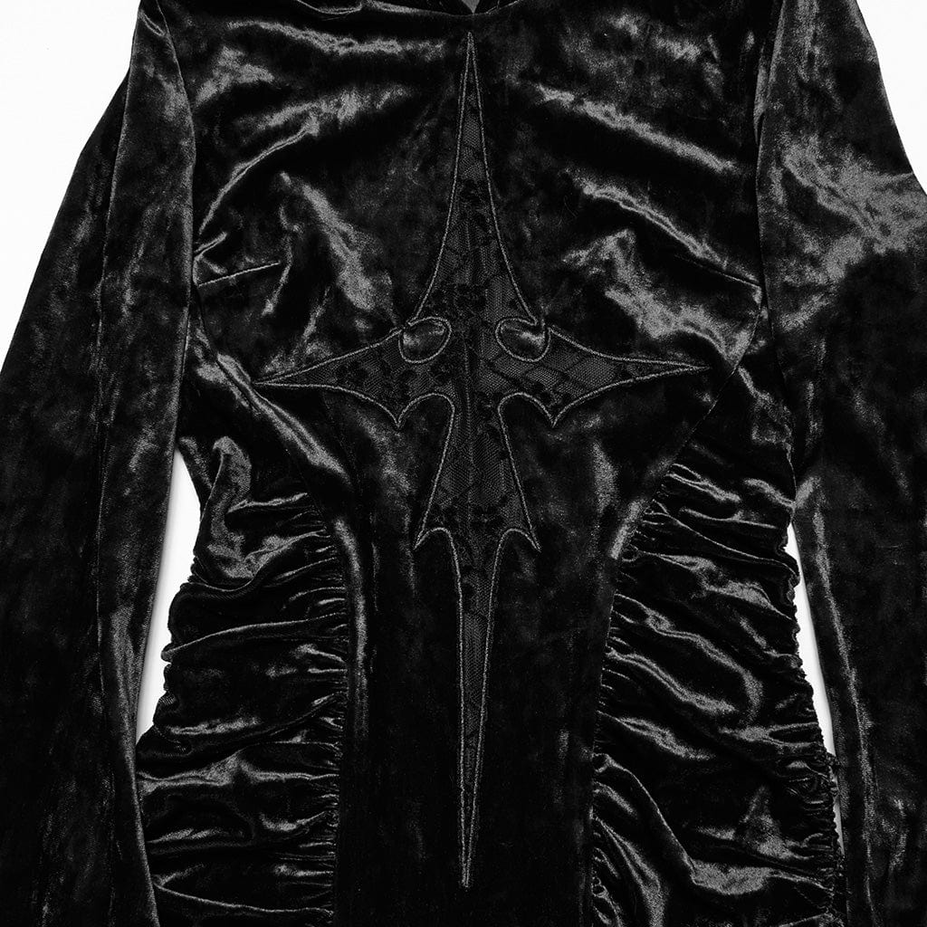PUNK RAVE Women's Gothic Lace Cross Splice Velvet Hooded Dress Black