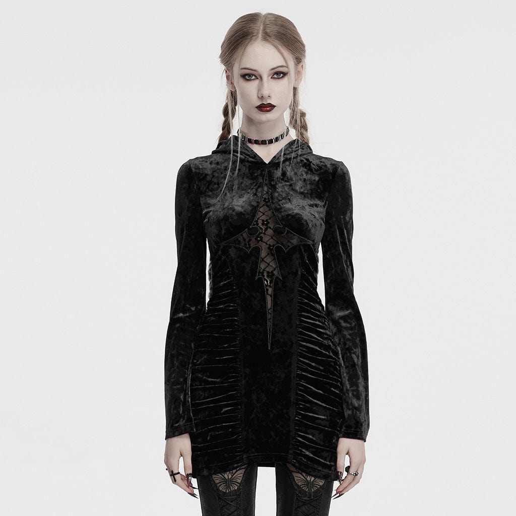 PUNK RAVE Women's Gothic Lace Cross Splice Velvet Hooded Dress Black