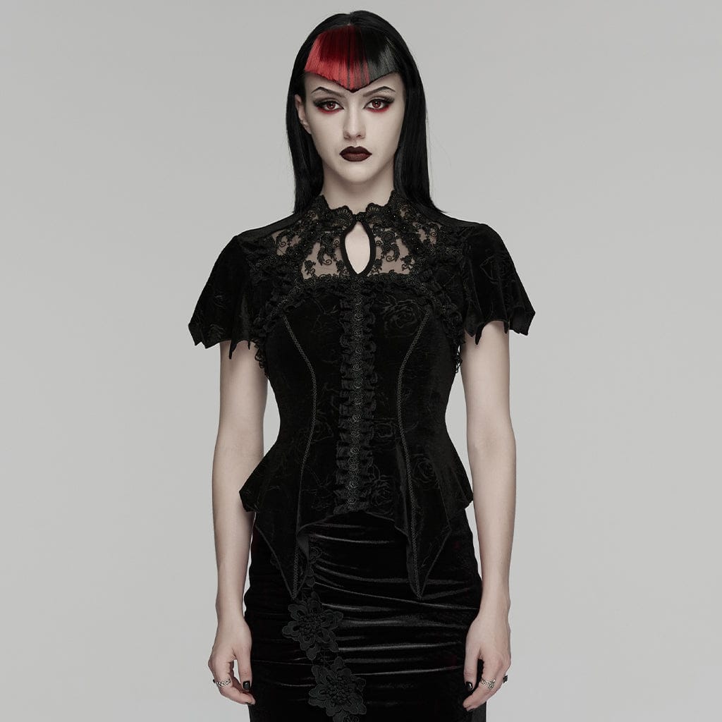 PUNK RAVE Women's Gothic Lace Cutout Rose Printed Velvet Short Sleeved Top