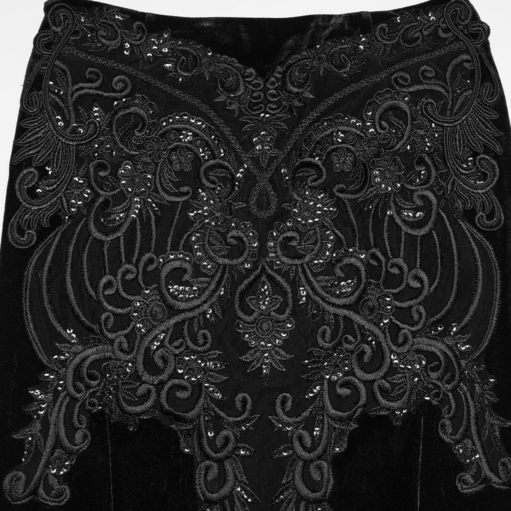 PUNK RAVE Women's Gothic Lace Embroidered Velvet Skirt