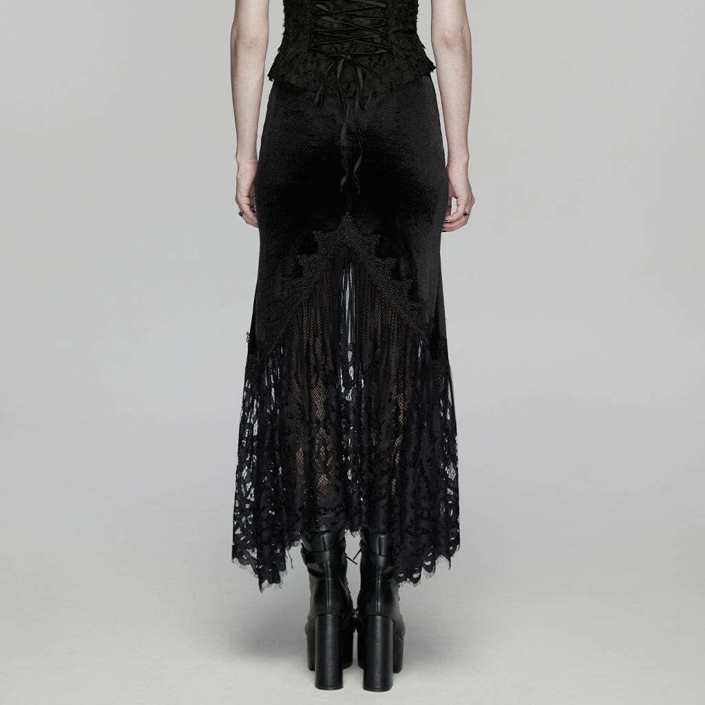 PUNK RAVE Women's Gothic Lace Ruched Fishtail Velvet Skirt Black