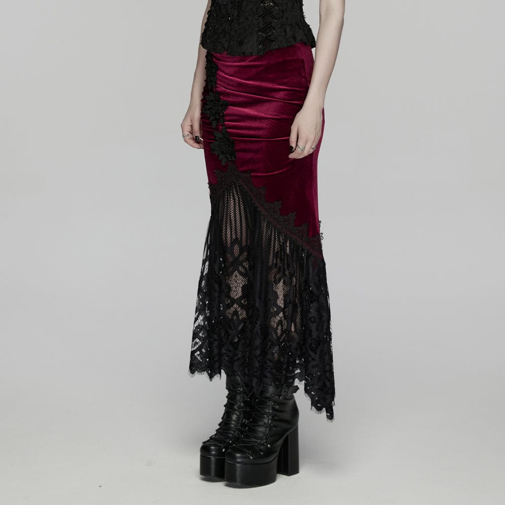 PUNK RAVE Women's Gothic Lace Ruched Fishtail Velvet Skirt Black-Red