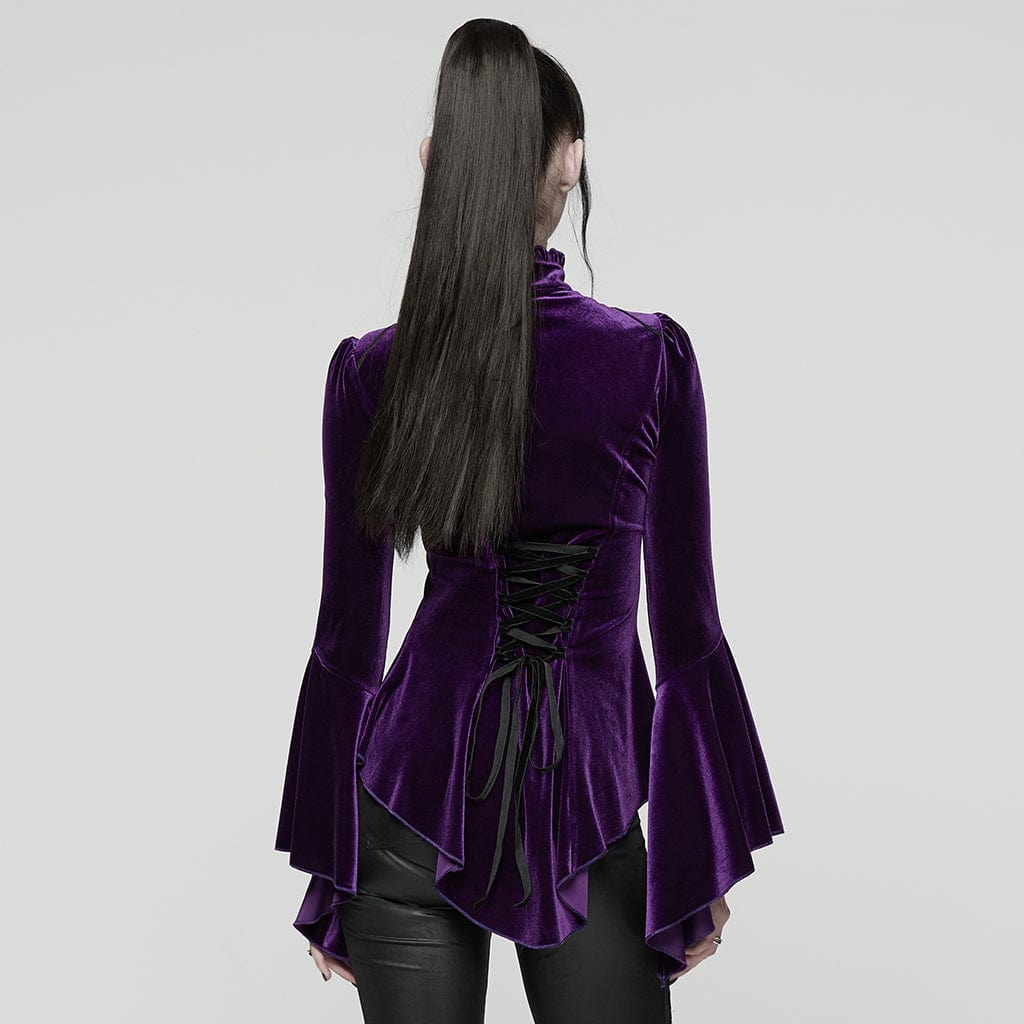 PUNK RAVE Women's Gothic Lace Splice Bell Sleeved Top Violet