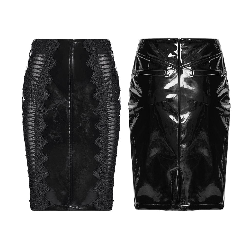 PUNK RAVE Women's Gothic Lace Splice Faux Leather Skirt