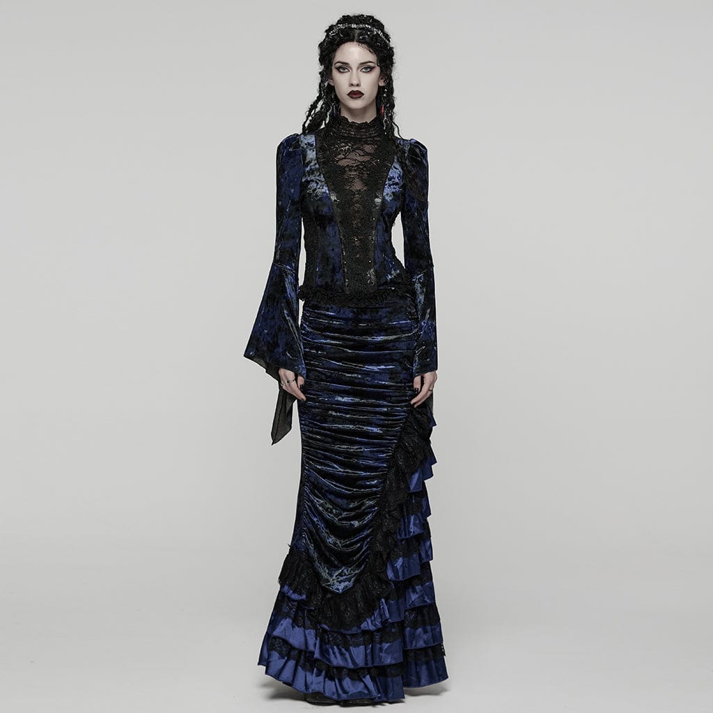 PUNK RAVE Women's Gothic Lace Splice Lace-up Flared Sleeved Shirt Blue