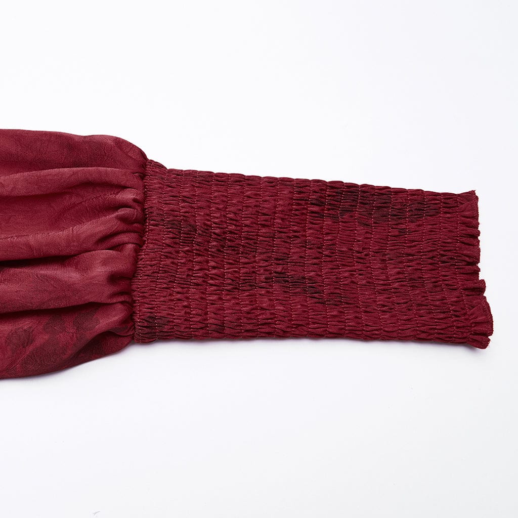 PUNK RAVE Women's Gothic Lace Splice Puff Sleeved Ruffle Shirt Red