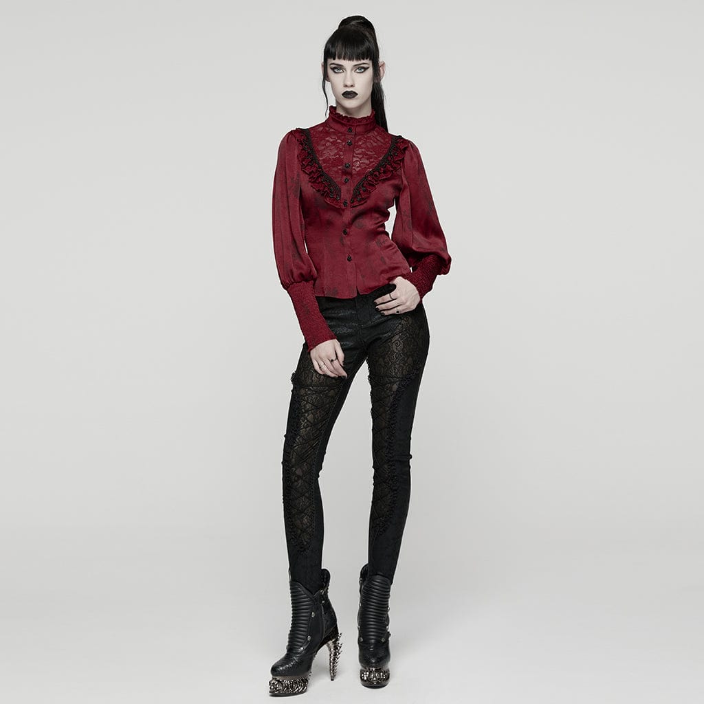 PUNK RAVE Women's Gothic Lace Splice Puff Sleeved Ruffle Shirt Red