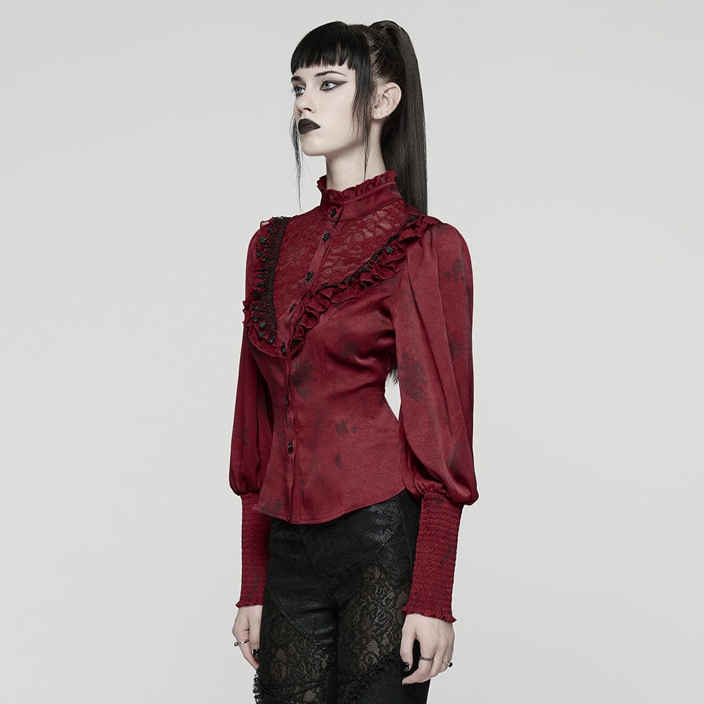 PUNK RAVE Women's Gothic Lace Splice Puff Sleeved Ruffle Shirt Red