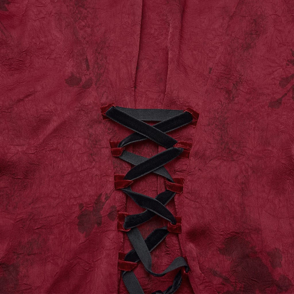 PUNK RAVE Women's Gothic Lace Splice Puff Sleeved Ruffle Shirt Red