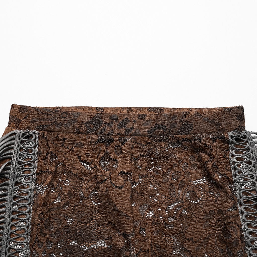 PUNK RAVE Women's Gothic Lace Tassels Flared Pants Coffee