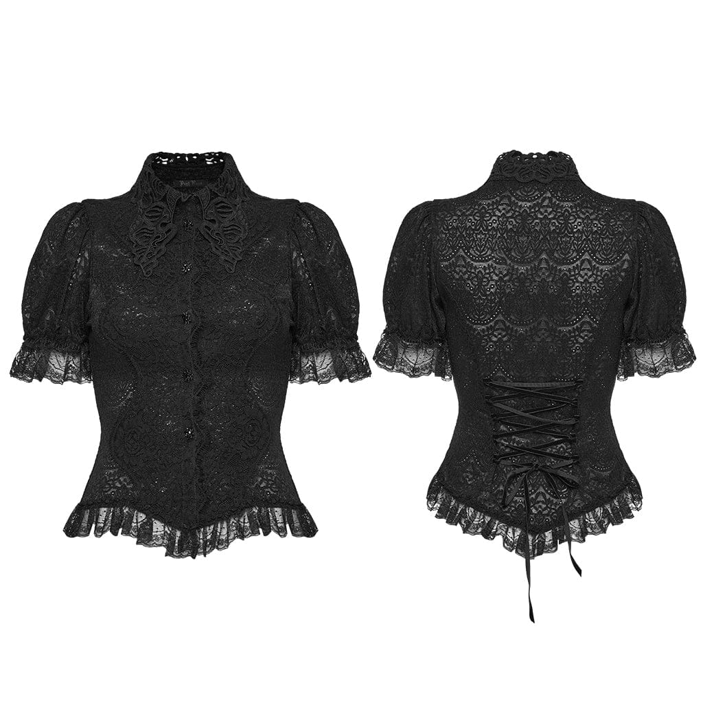 PUNK RAVE Women's Gothic Lace Turn-down Collar Puff Short Sleeved Shirt