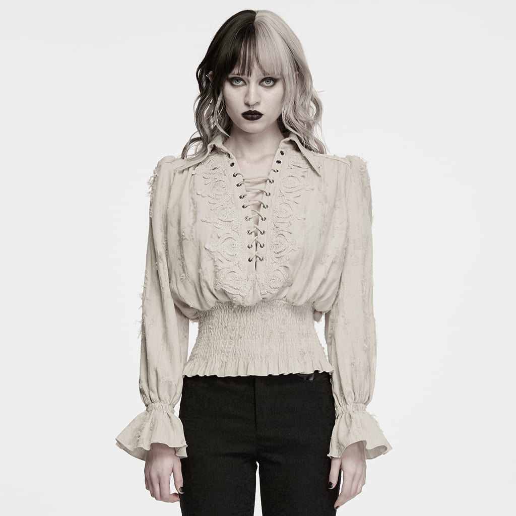 PUNK RAVE Women's Gothic Lace-up Distressed Collared Long Sleeve Shirt White