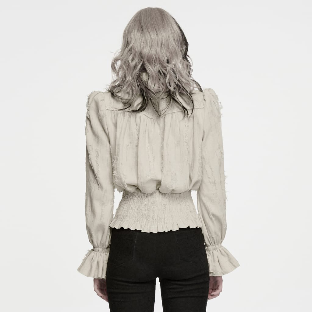 PUNK RAVE Women's Gothic Lace-up Distressed Collared Long Sleeve Shirt White