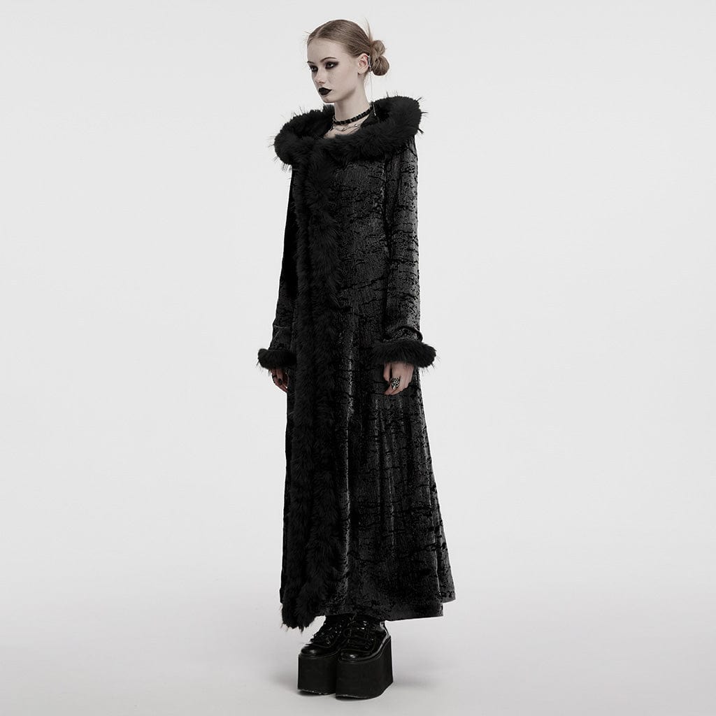 PUNK RAVE Women's Gothic Lace-up Faux Fur Splice Hooded Coat Black