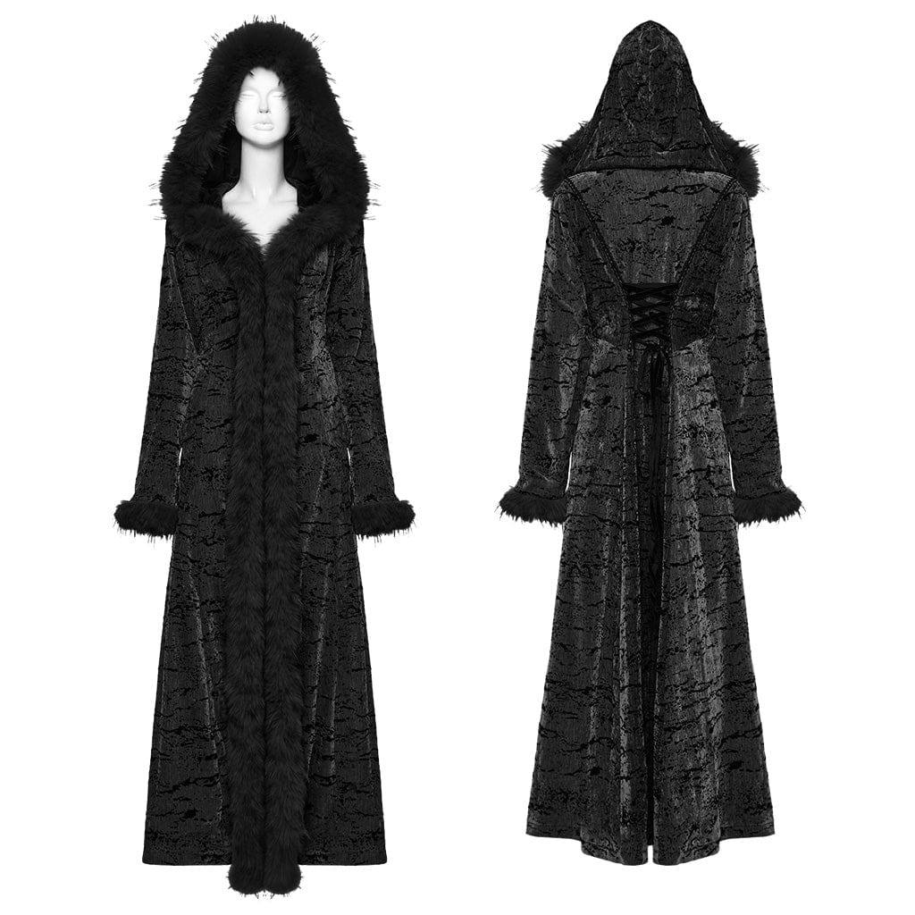 PUNK RAVE Women's Gothic Lace-up Faux Fur Splice Hooded Coat Black