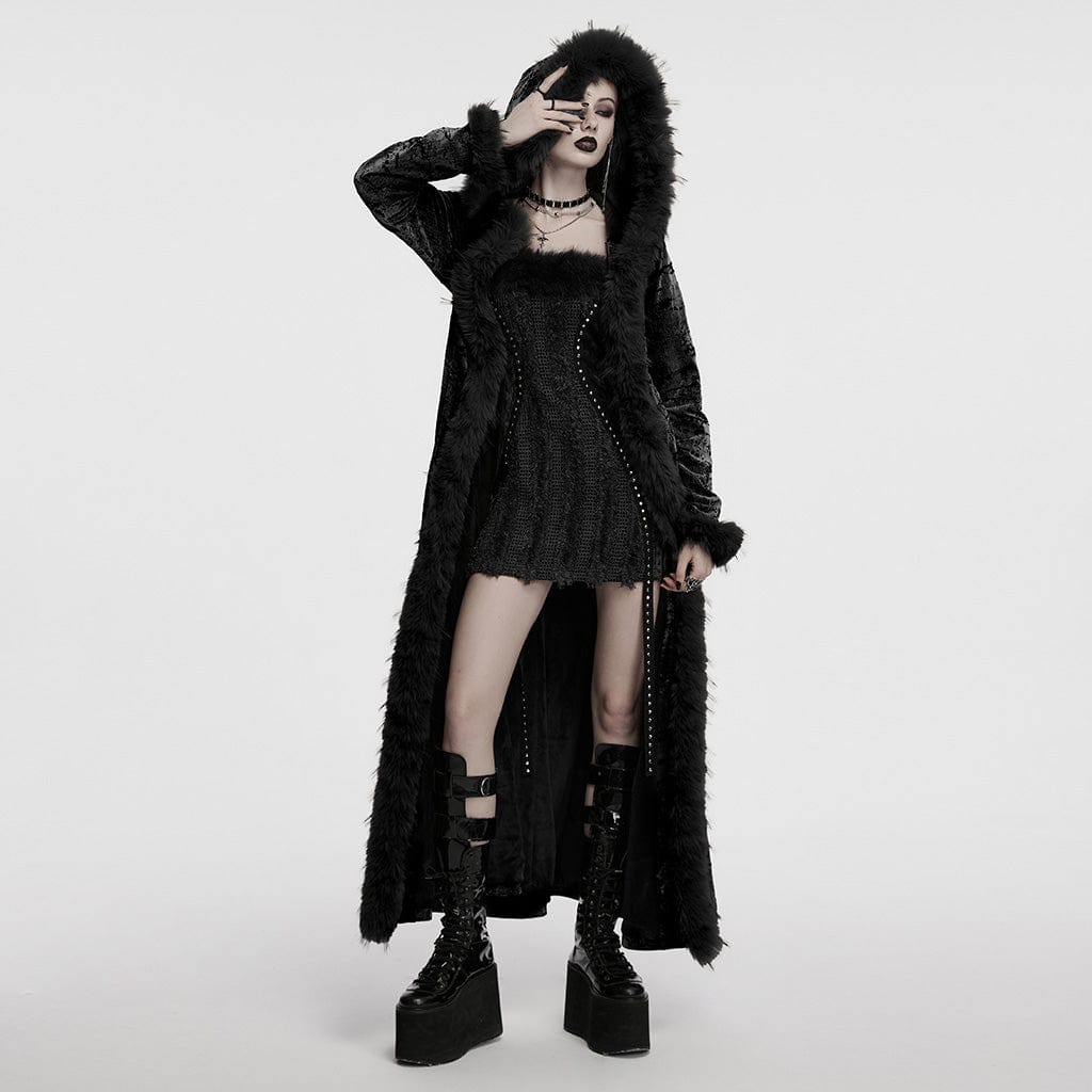 PUNK RAVE Women's Gothic Lace-up Faux Fur Splice Hooded Coat Black