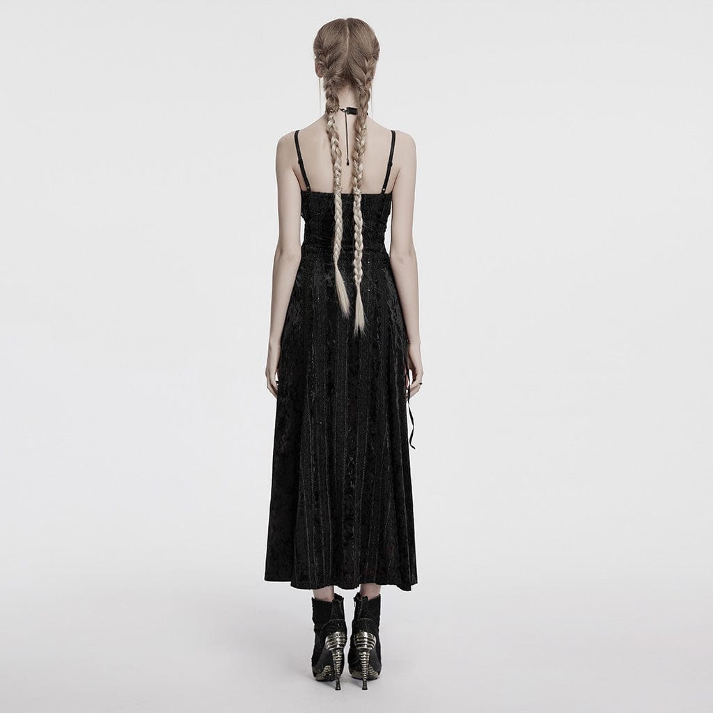 PUNK RAVE Women's Gothic Lace-up Floral Embroidered Velvet Slip Dress Black
